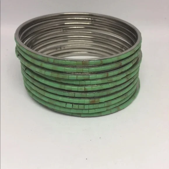 Stack Of 10 Bangles Bracelets Inlaid She’ll Handmade Turquoise - Picture 12 of 14